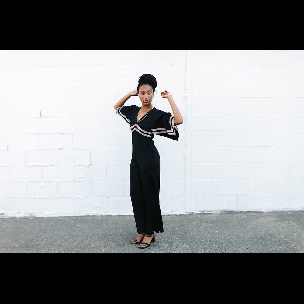 Vintage wide leg navy jumpsuit with tan stripes